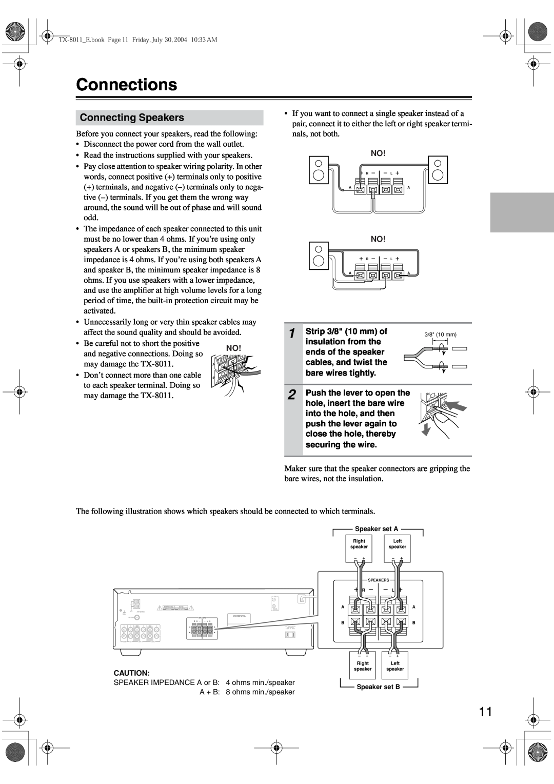 Onkyo TX-8011 instruction manual Connections, Connecting Speakers 