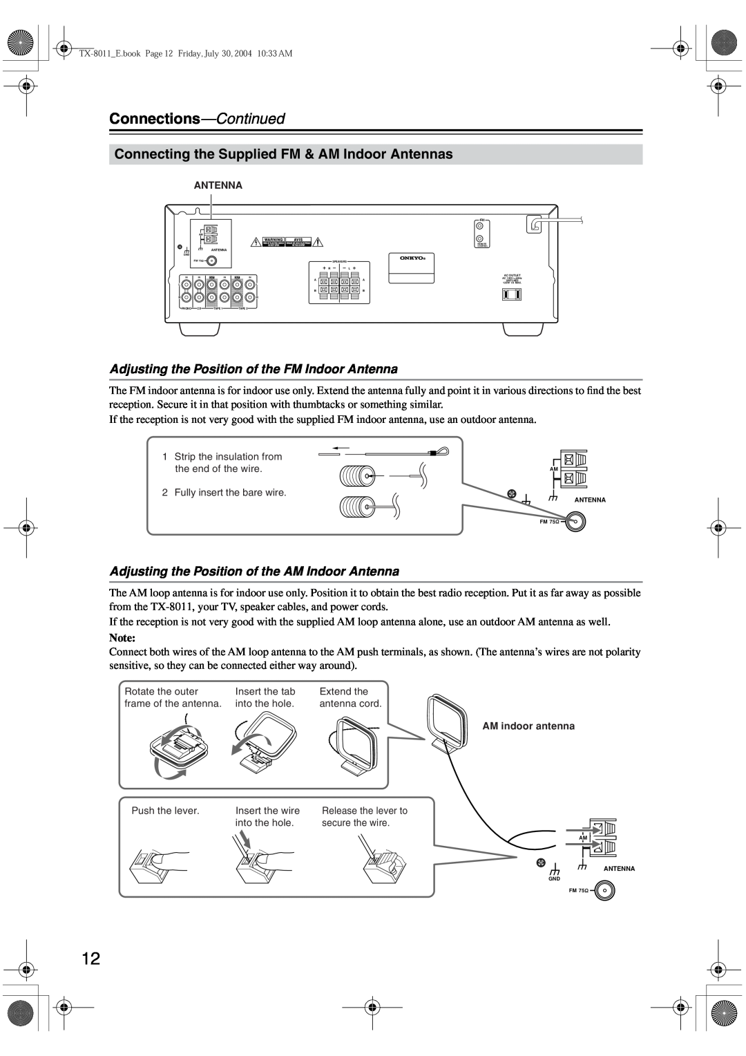 Onkyo TX-8011 instruction manual Connections-Continued, Connecting the Supplied FM & AM Indoor Antennas 