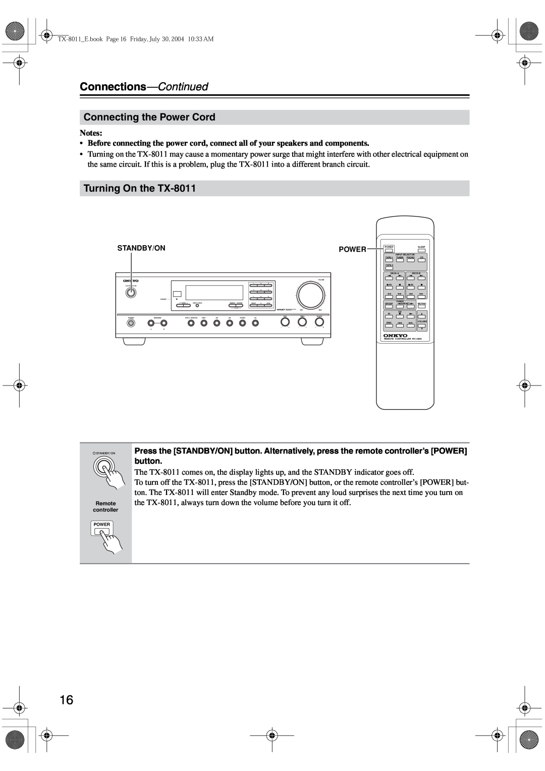 Onkyo instruction manual Connecting the Power Cord, Turning On the TX-8011, Connections-Continued 