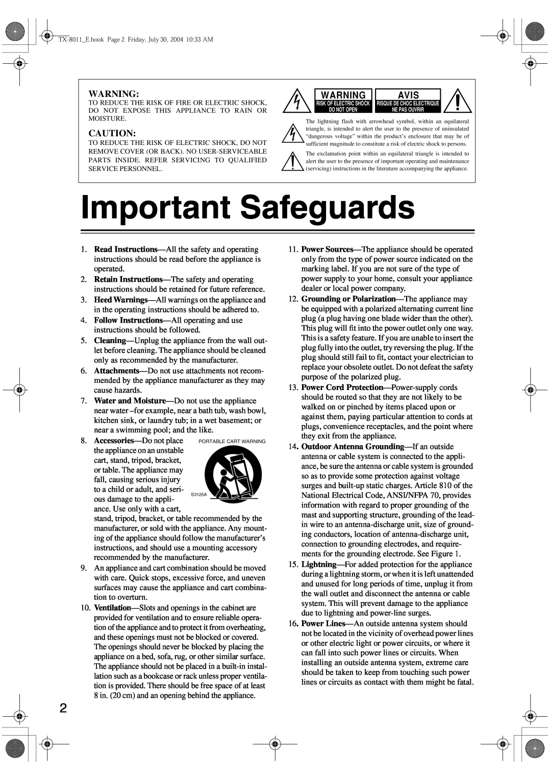 Onkyo TX-8011 instruction manual Important Safeguards, Avis 