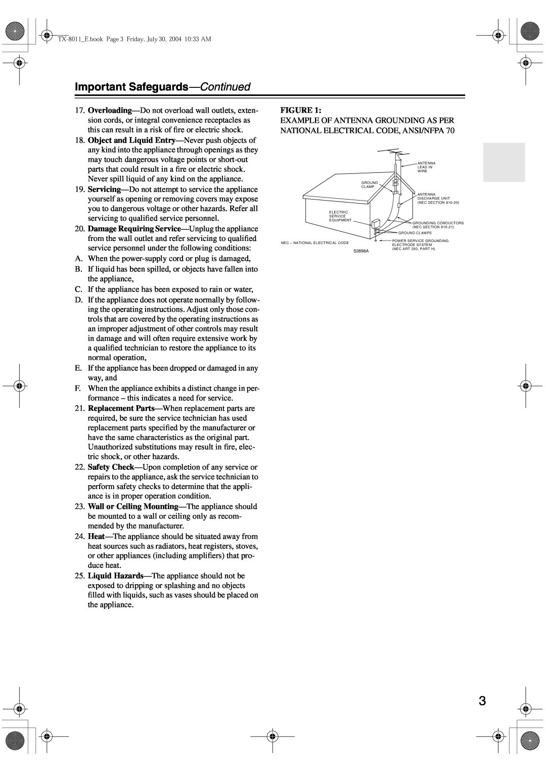 Onkyo TX-8011 instruction manual Important Safeguards-Continued, Object and Liquid Entry-Neverpush objects of 