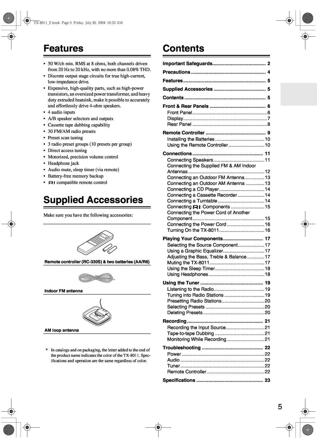 Onkyo TX-8011 instruction manual Features, Supplied Accessories, Contents 