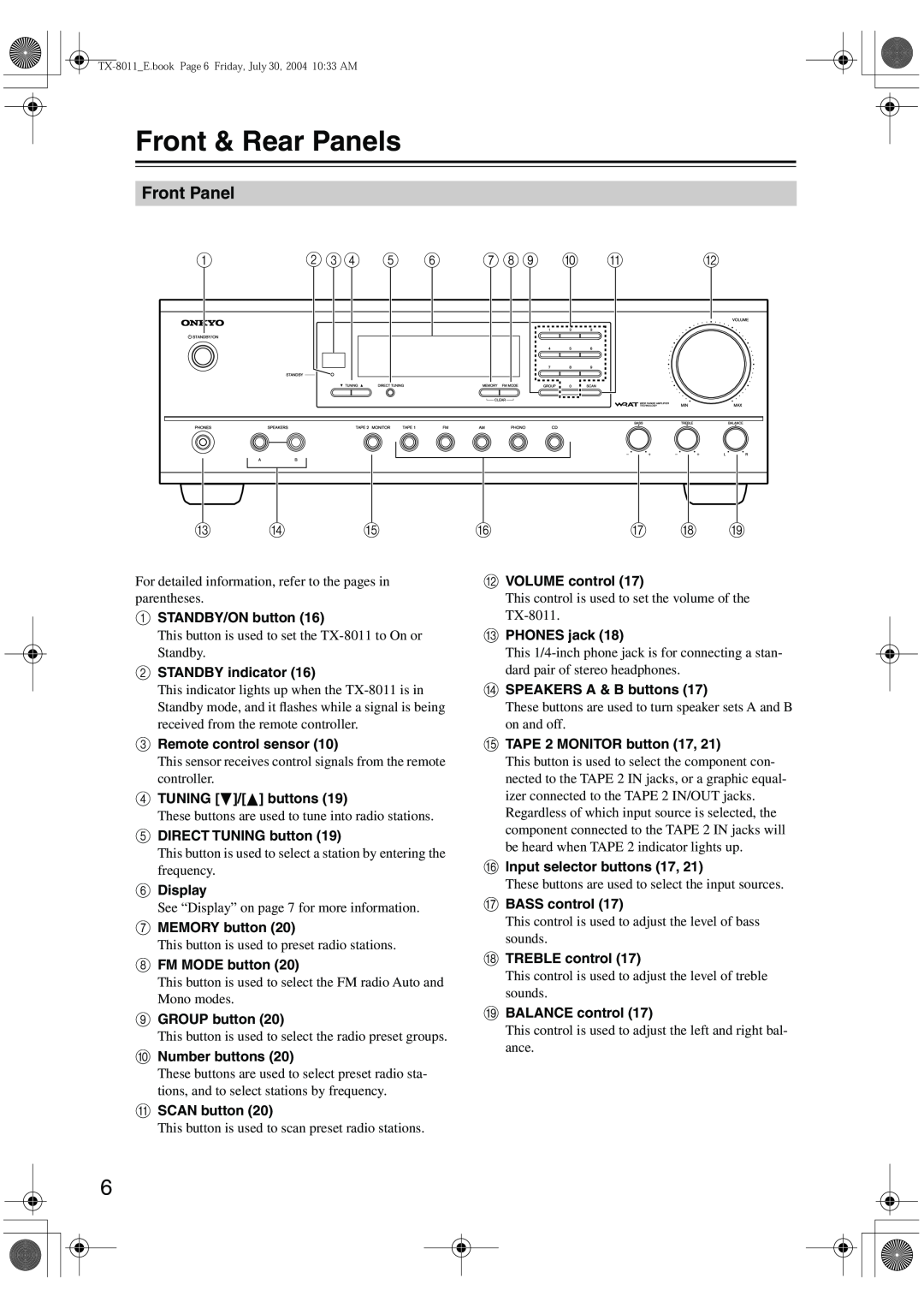 Onkyo TX-8011 instruction manual Front & Rear Panels, Front Panel, 2 34 5 6 78 9 J K, M N O P Q R S 