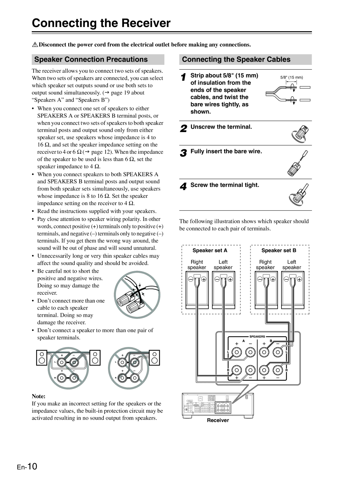 Onkyo TX-8050 instruction manual Connecting the Receiver, Speaker Connection Precautions, Connecting the Speaker Cables 