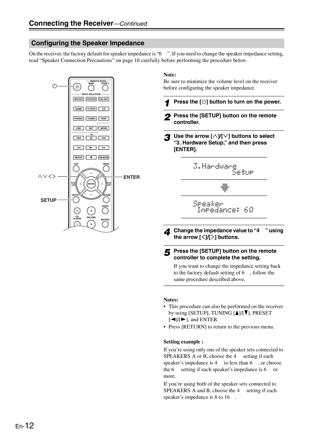 Onkyo TX-8050 Configuring the Speaker Impedance, Change the impedance value to 4 Ω using, Arrow /  buttons 