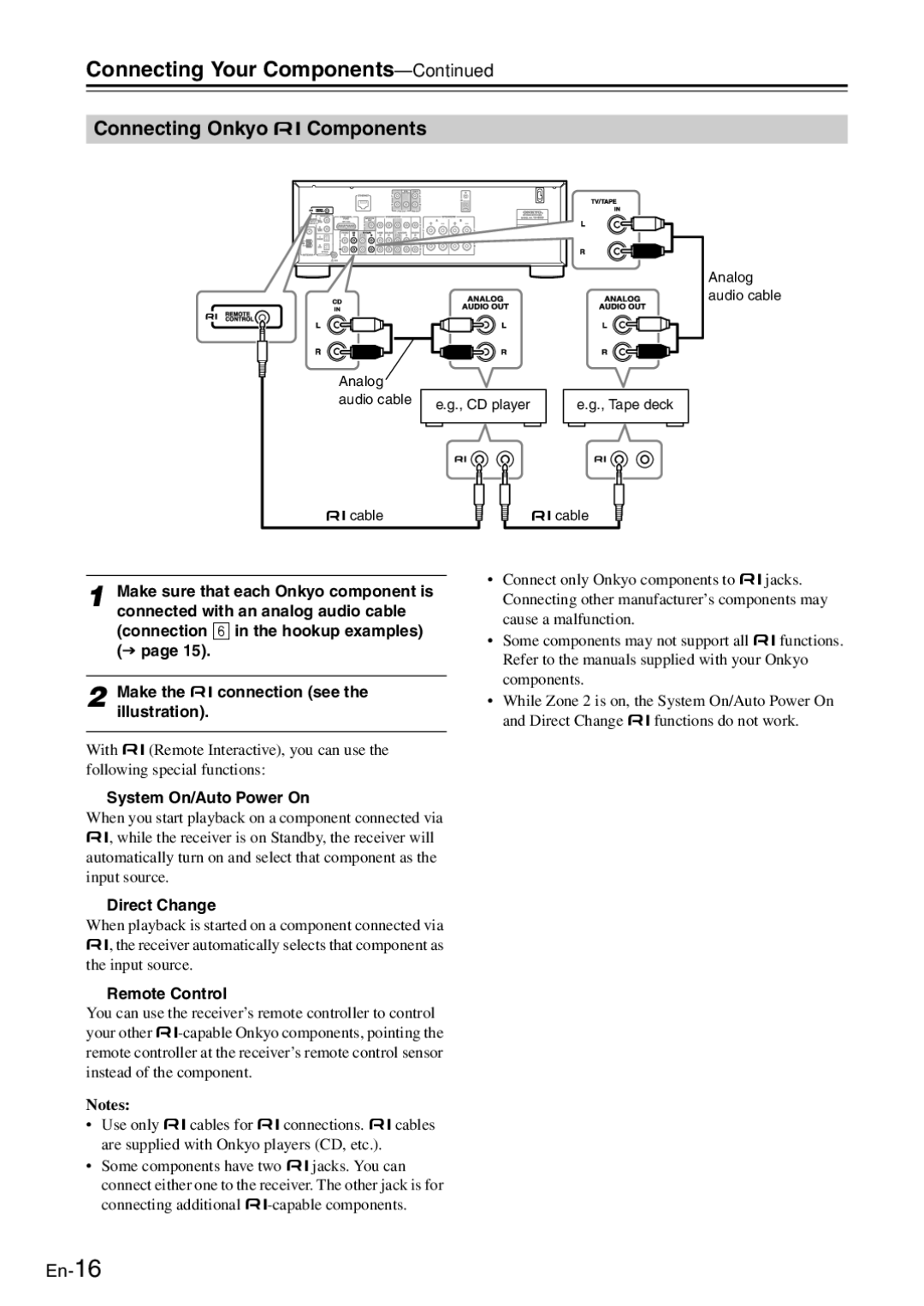 Onkyo TX-8050 instruction manual Connecting Onkyo  Components, System On/Auto Power On, Direct Change, Remote Control 