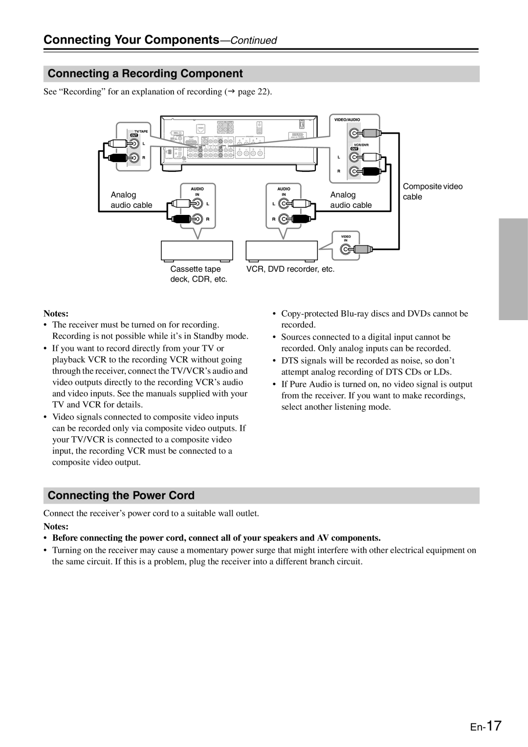 Onkyo TX-8050 instruction manual Connecting a Recording Component, Connecting the Power Cord 