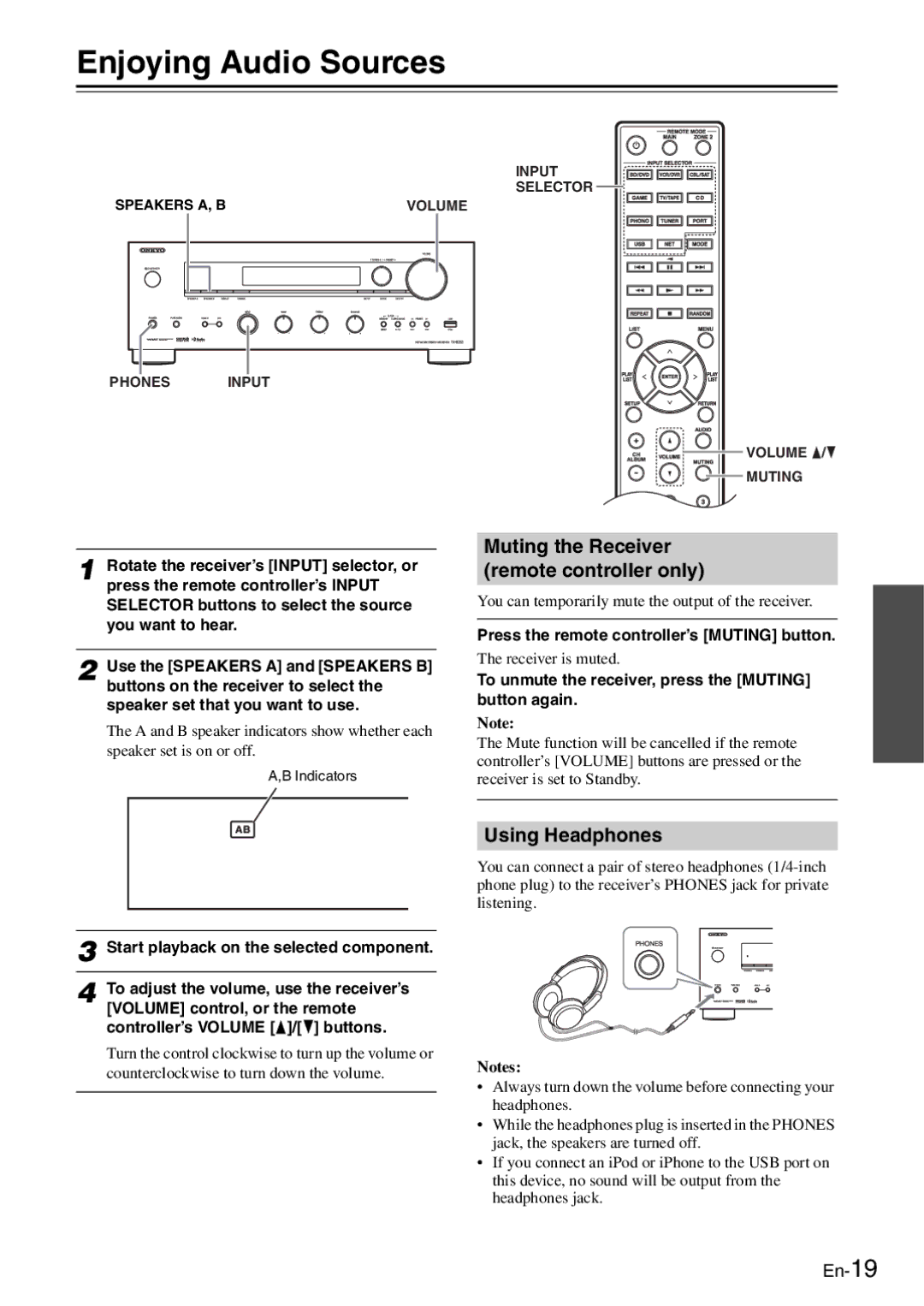 Onkyo TX-8050 instruction manual Enjoying Audio Sources, Muting the Receiver remote controller only, Using Headphones 