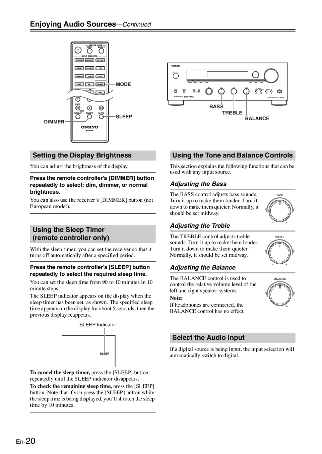 Onkyo TX-8050 Enjoying Audio Sources, Setting the Display Brightness, Using the Sleep Timer remote controller only 