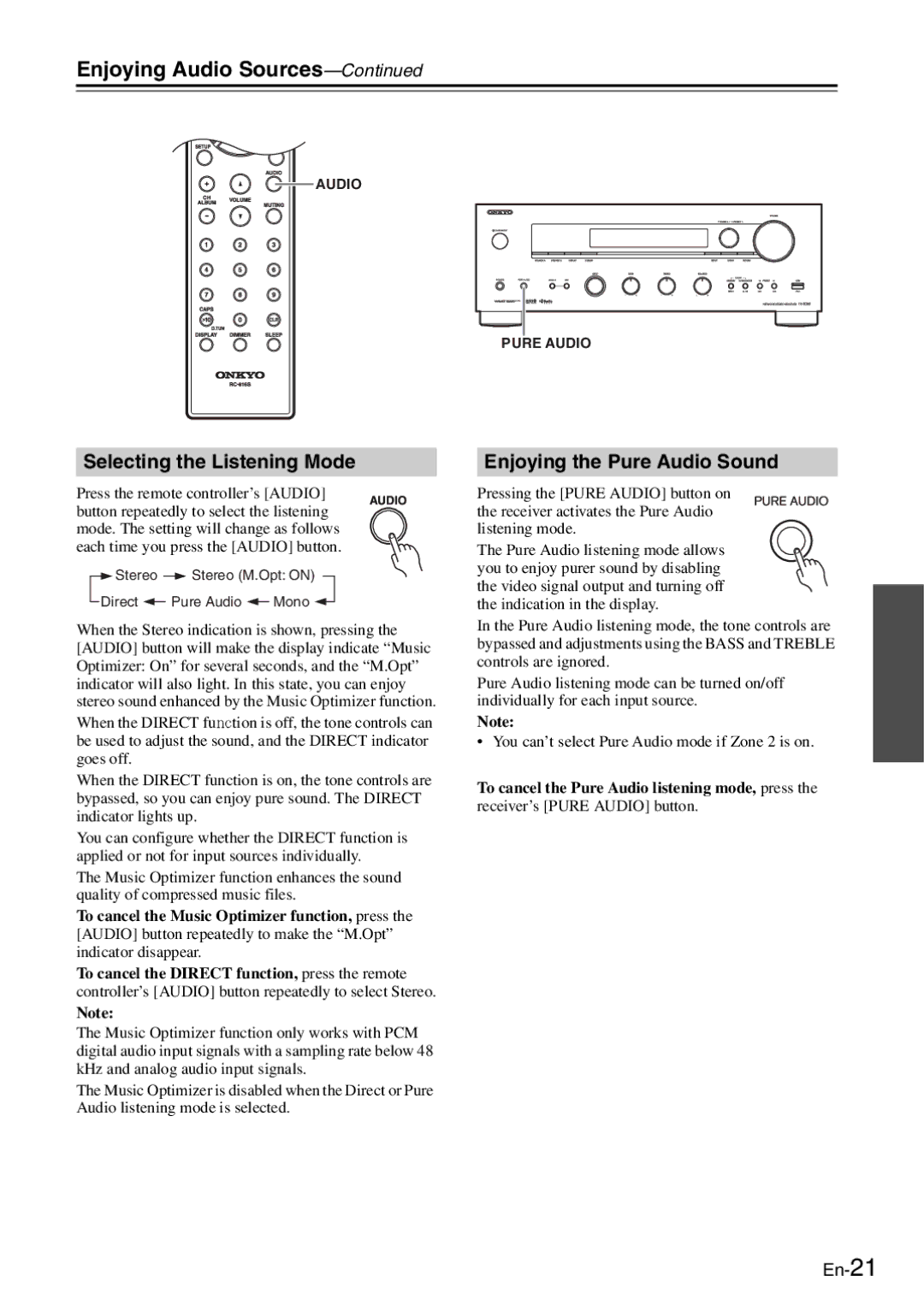 Onkyo TX-8050 instruction manual Selecting the Listening Mode, Enjoying the Pure Audio Sound 