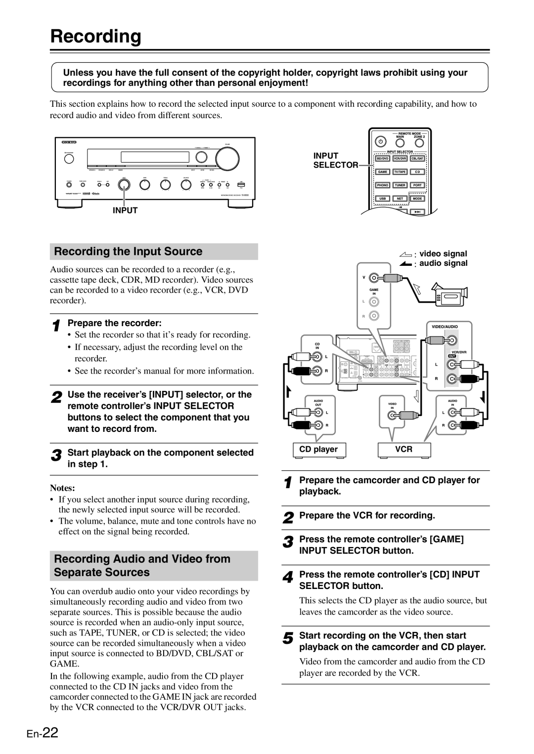 Onkyo TX-8050 Recording the Input Source, Recording Audio and Video from Separate Sources, Prepare the recorder 