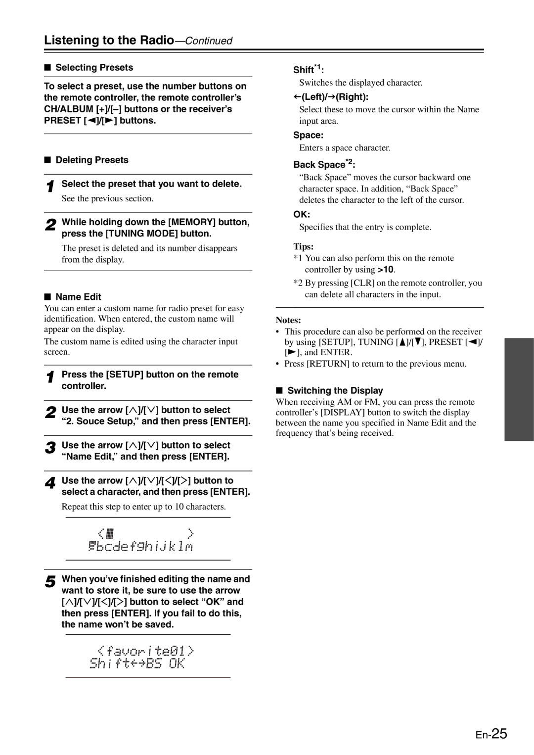 Onkyo TX-8050 instruction manual Name Edit, Left/Right, Back Space*2, Switching the Display 