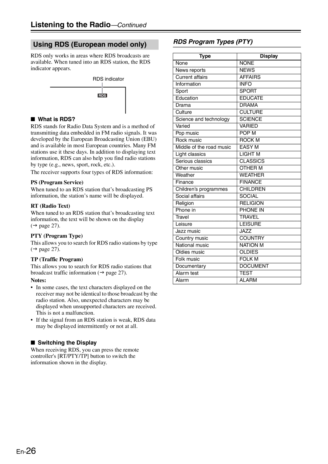 Onkyo TX-8050 instruction manual Using RDS European model only, RDS Program Types PTY, What is RDS? 