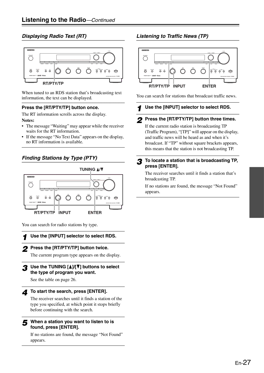 Onkyo TX-8050 instruction manual Displaying Radio Text RT, Finding Stations by Type PTY, Listening to Traffic News TP 