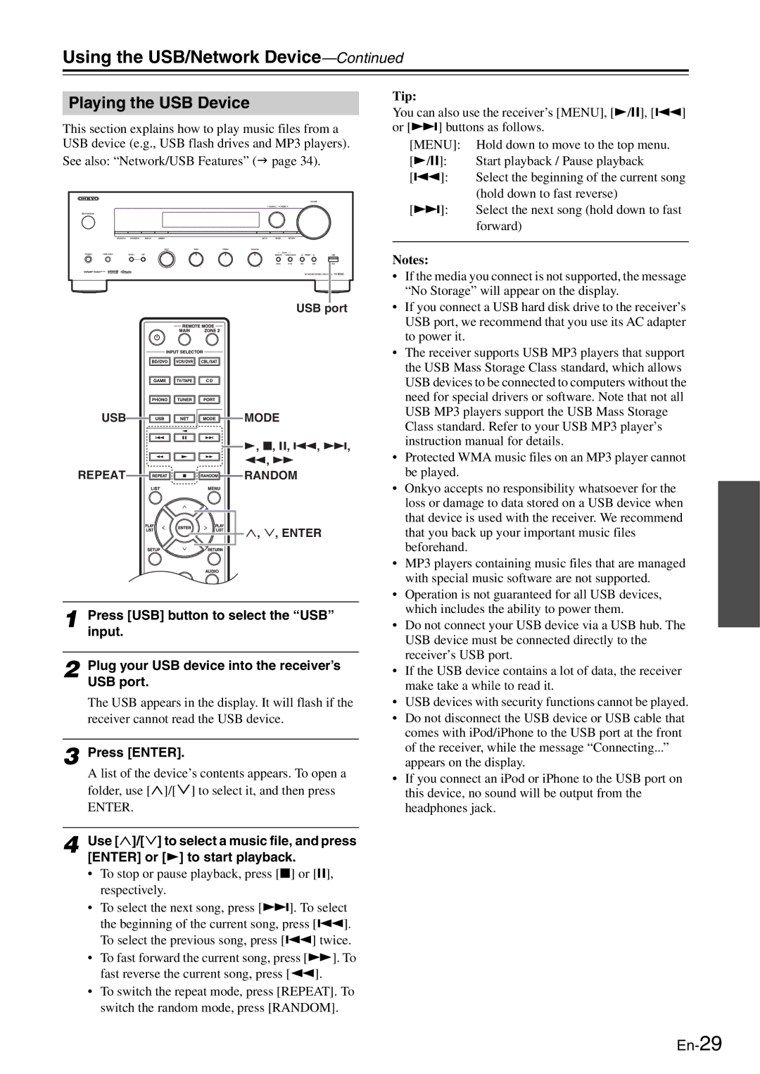 Onkyo TX-8050 instruction manual Using the USB/Network Device, Playing the USB Device 