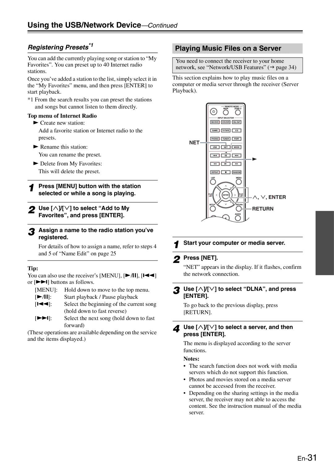 Onkyo TX-8050 Playing Music Files on a Server, Registering Presets*1, Start your computer or media server Press NET 