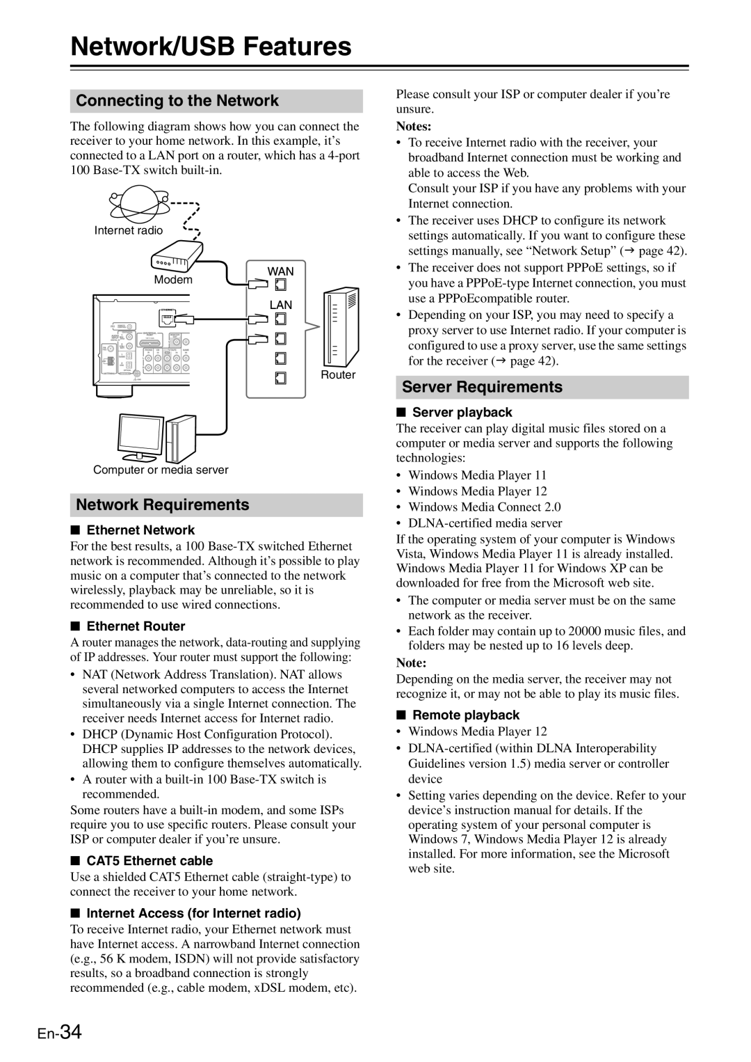 Onkyo TX-8050 instruction manual Network/USB Features, Connecting to the Network, Network Requirements, Server Requirements 