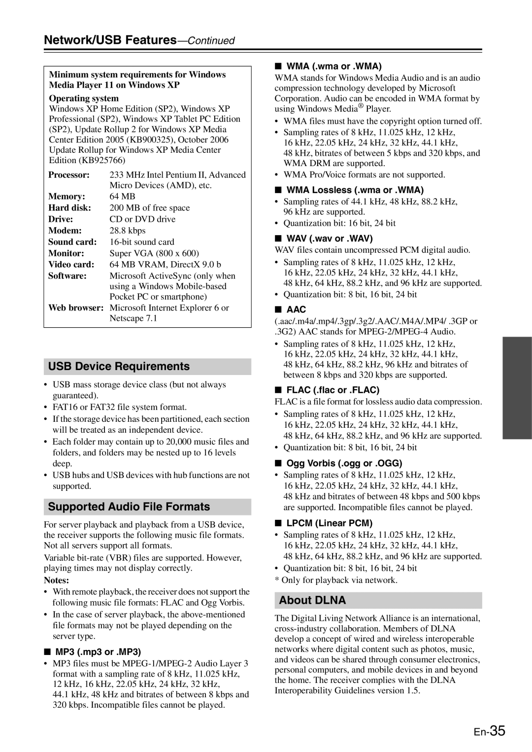 Onkyo TX-8050 instruction manual Network/USB Features, USB Device Requirements, Supported Audio File Formats, About Dlna 