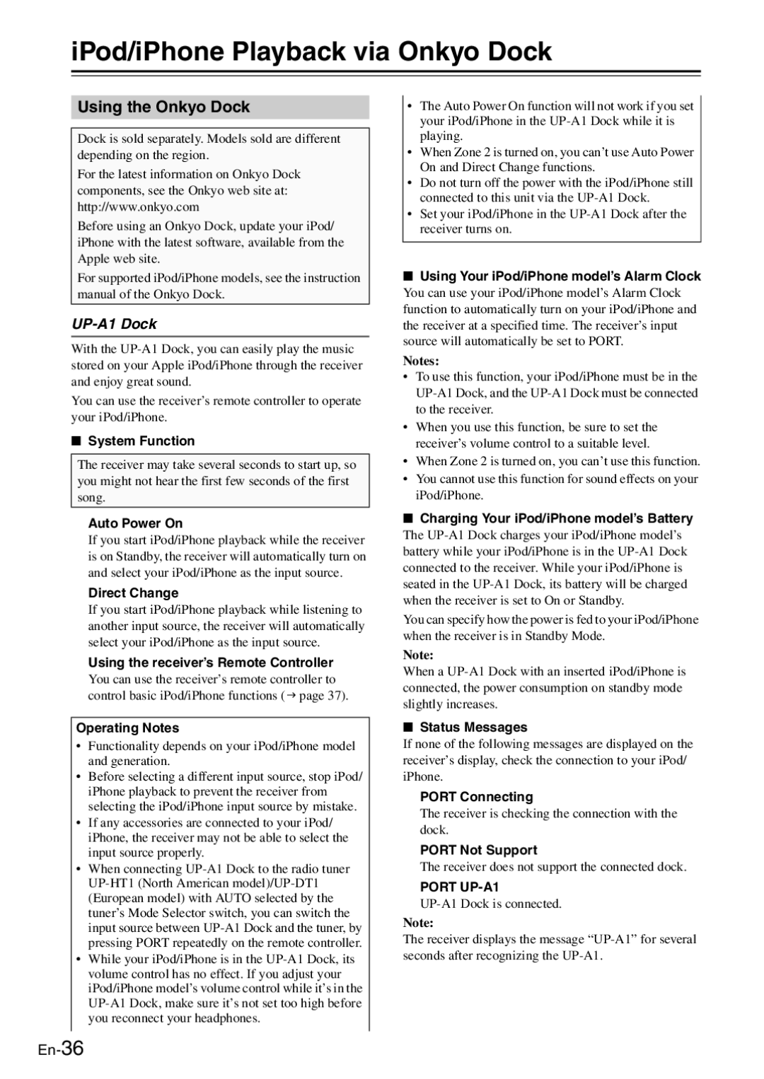 Onkyo TX-8050 instruction manual IPod/iPhone Playback via Onkyo Dock, Using the Onkyo Dock, UP-A1 Dock 