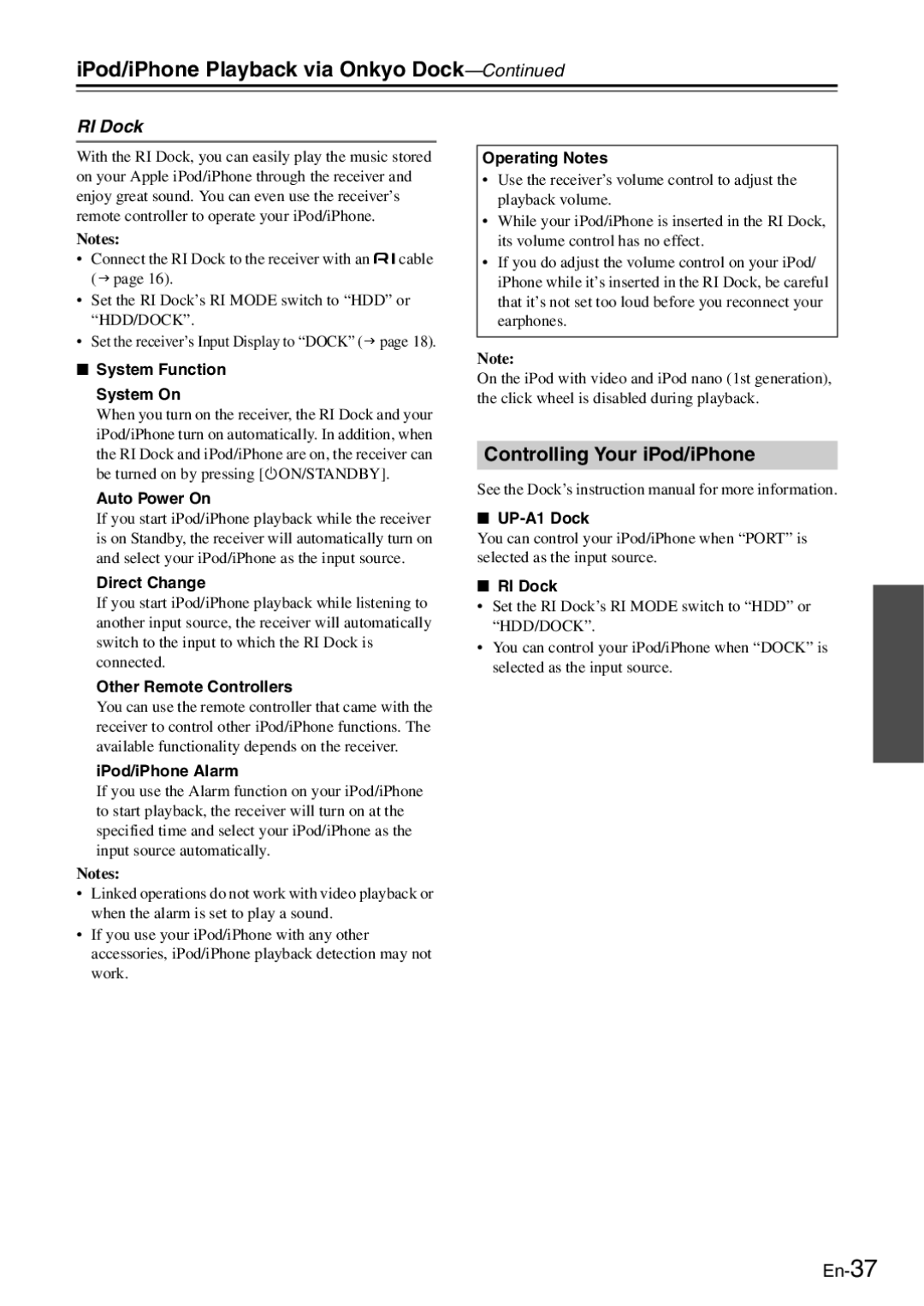 Onkyo TX-8050 instruction manual IPod/iPhone Playback via Onkyo Dock, Controlling Your iPod/iPhone, RI Dock 