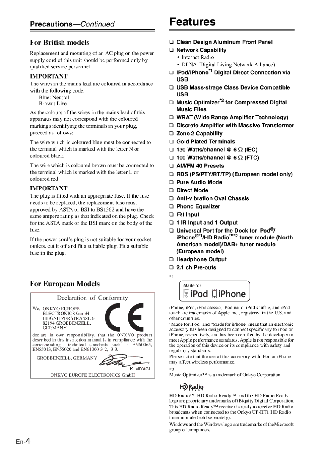 Onkyo TX-8050 instruction manual Features, Precautions, Clean Design Aluminum Front Panel Network Capability 