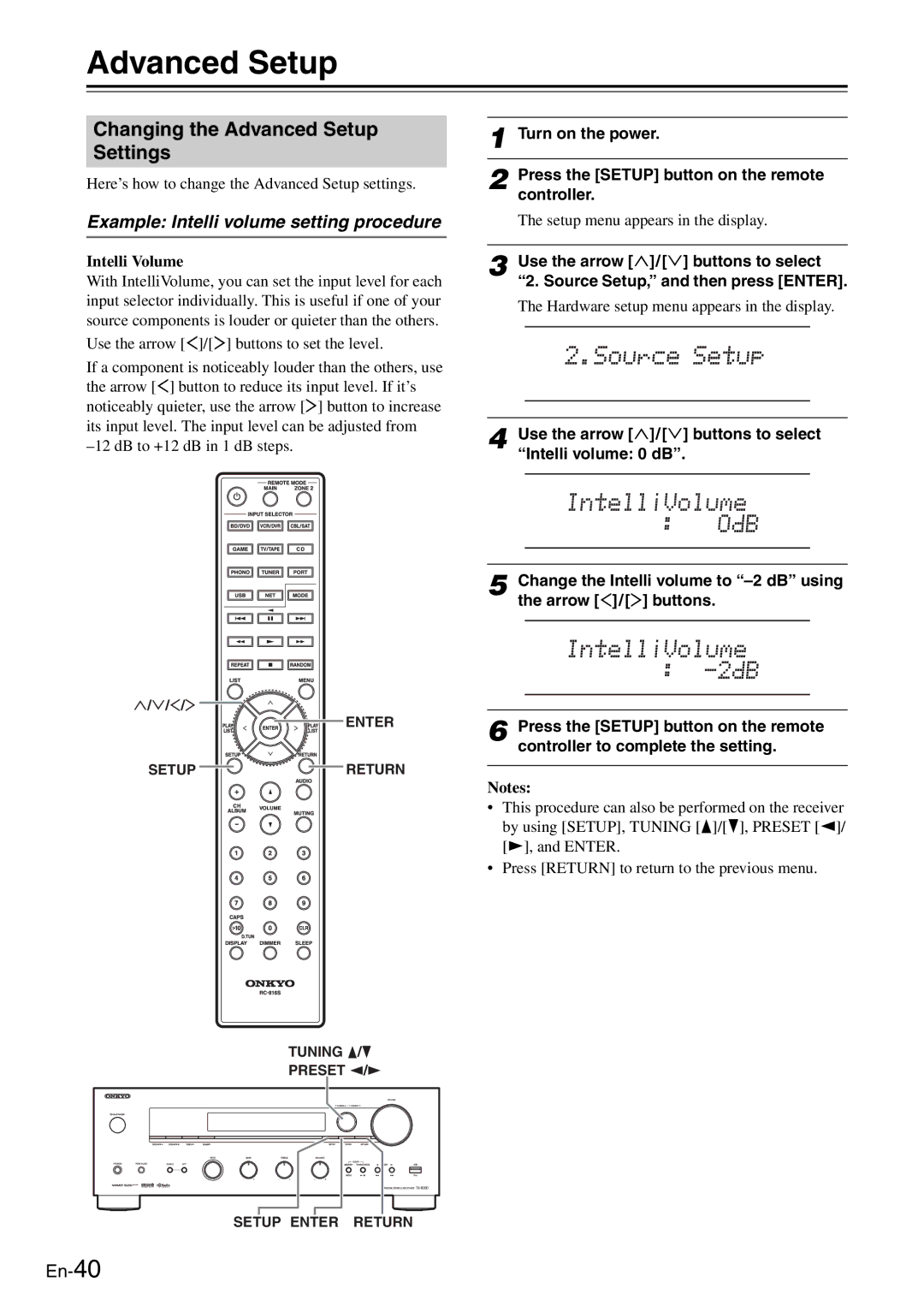 Onkyo TX-8050 Changing the Advanced Setup Settings, Example Intelli volume setting procedure, Intelli Volume 