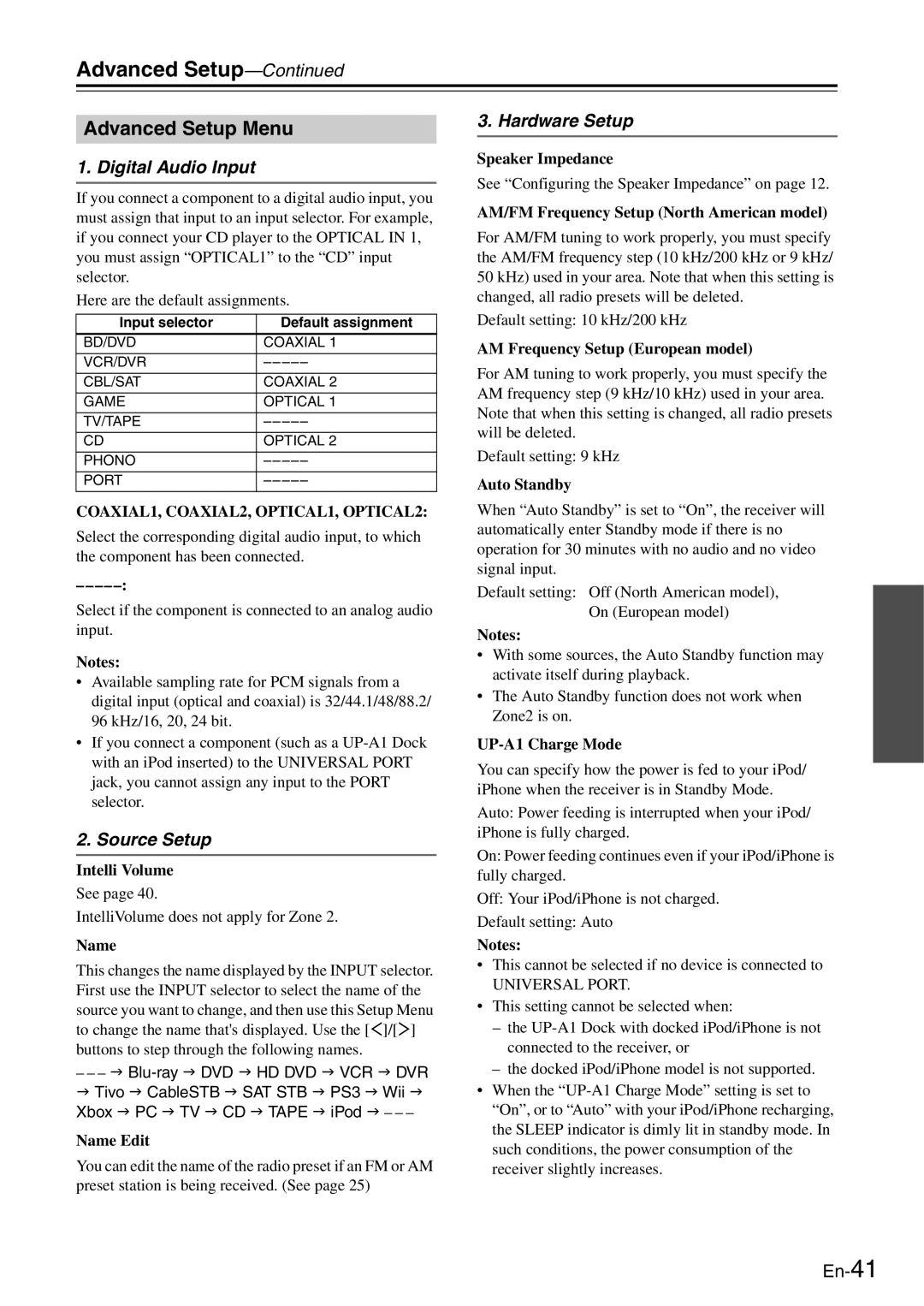 Onkyo TX-8050 instruction manual Advanced Setup Menu, Digital Audio Input, Source Setup, Hardware Setup 