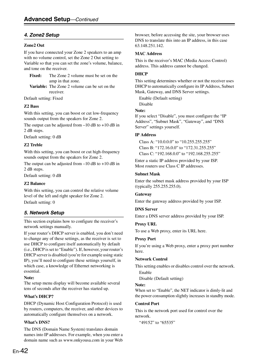 Onkyo TX-8050 instruction manual Zone2 Setup, Network Setup 