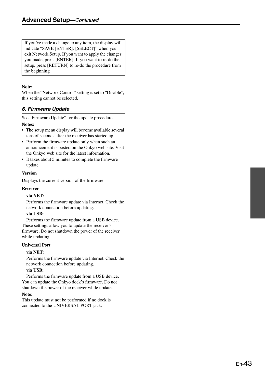 Onkyo TX-8050 instruction manual Firmware Update, Version, Receiver Via NET, Via USB, Universal Port Via NET 