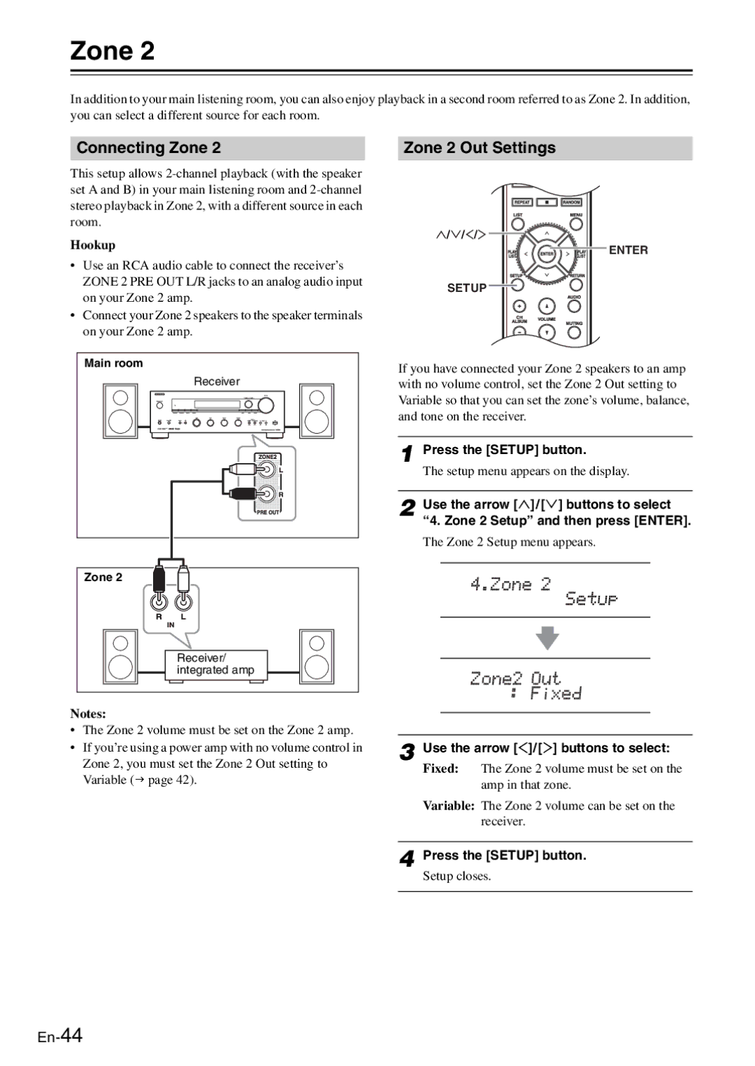 Onkyo TX-8050 Connecting Zone, Zone 2 Out Settings, Press the Setup button, Use the arrow / buttons to select 