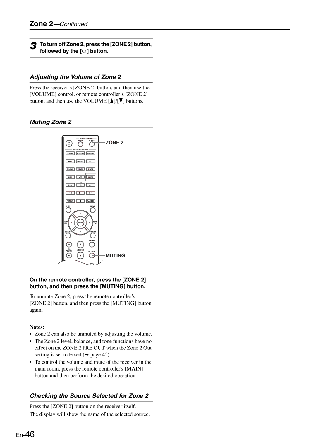 Onkyo TX-8050 Adjusting the Volume of Zone, Muting Zone, Checking the Source Selected for Zone, Followed by the  button 