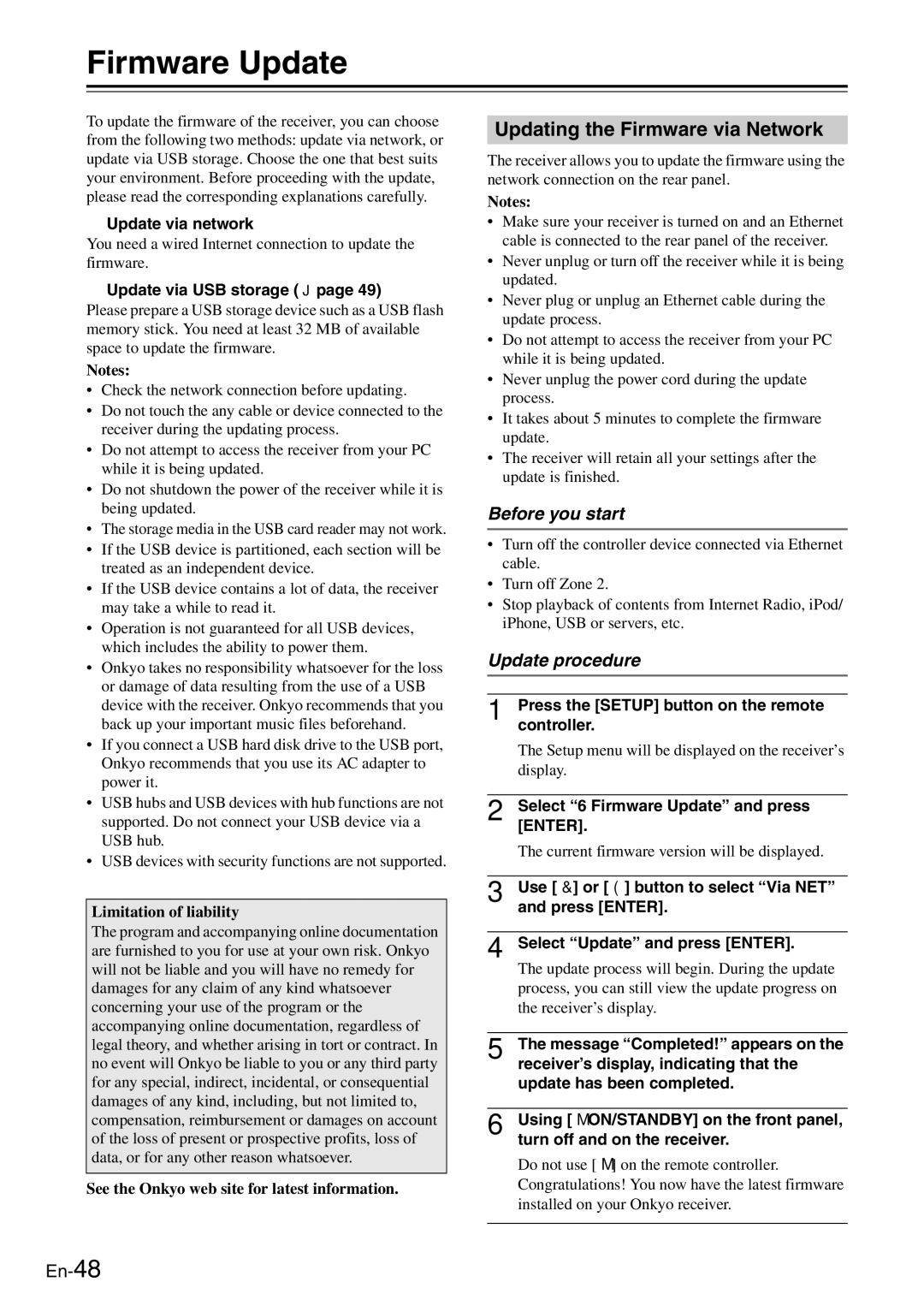 Onkyo TX-8050 instruction manual Firmware Update, Updating the Firmware via Network, Before you start, Update procedure 