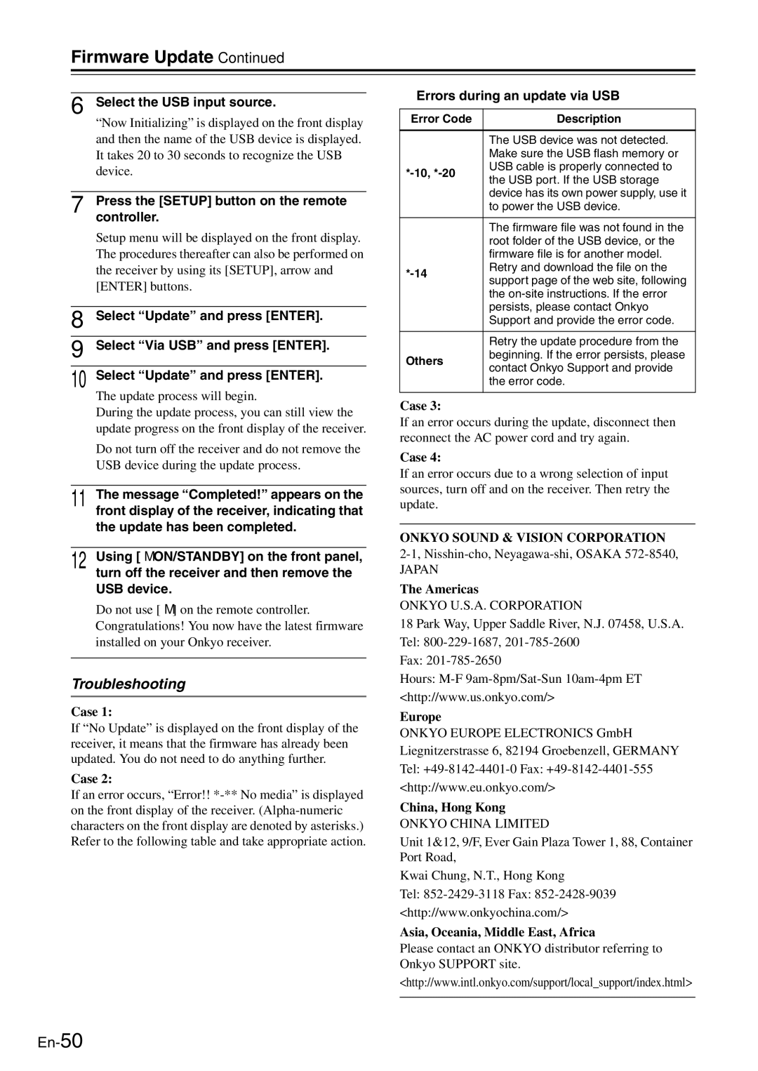 Onkyo TX-8050 Select the USB input source, Errors during an update via USB, Americas, Europe China, Hong Kong 