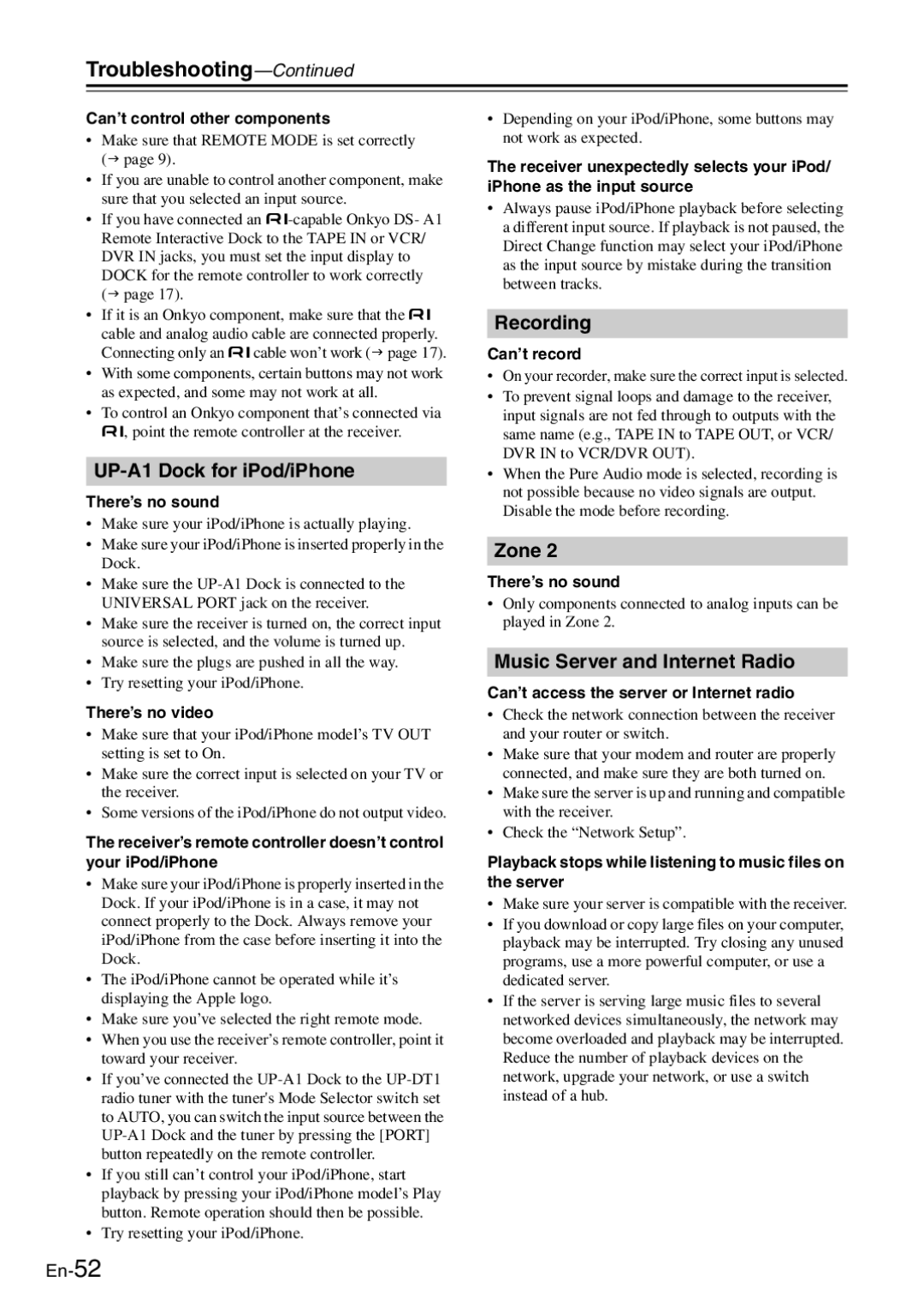 Onkyo TX-8050 Troubleshooting, UP-A1 Dock for iPod/iPhone, Recording, Zone, Music Server and Internet Radio 
