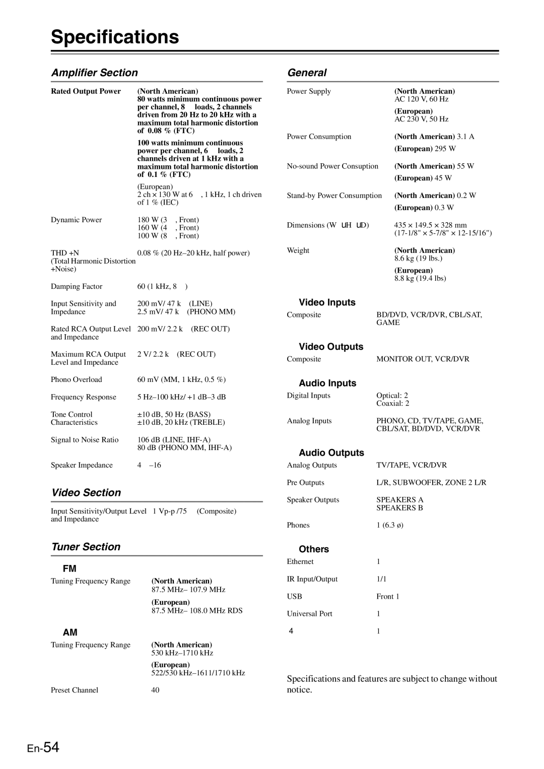 Onkyo TX-8050 instruction manual Specifications, Amplifier Section, Video Section, Tuner Section, General 