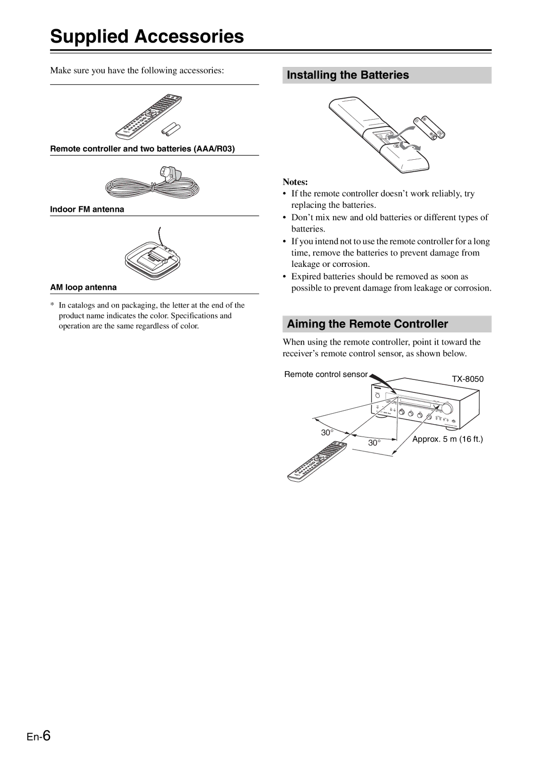 Onkyo TX-8050 instruction manual Supplied Accessories, Aiming the Remote Controller 