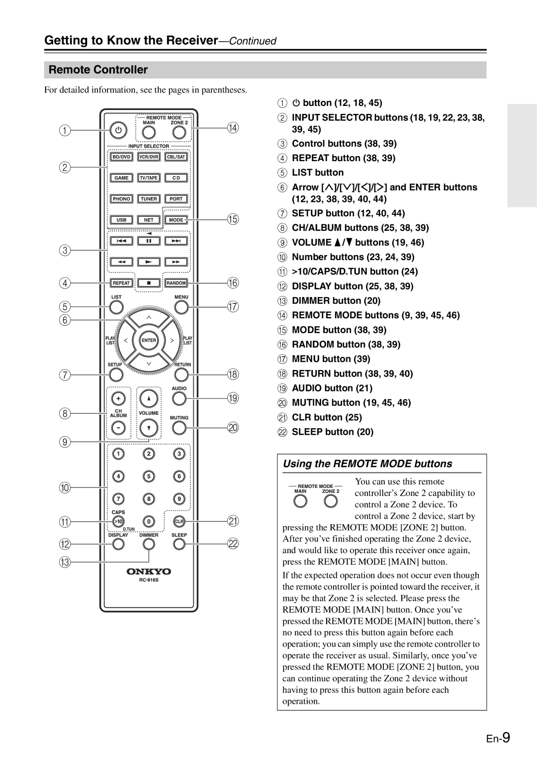 Onkyo TX-8050 instruction manual Remote Controller, Using the Remote Mode buttons 