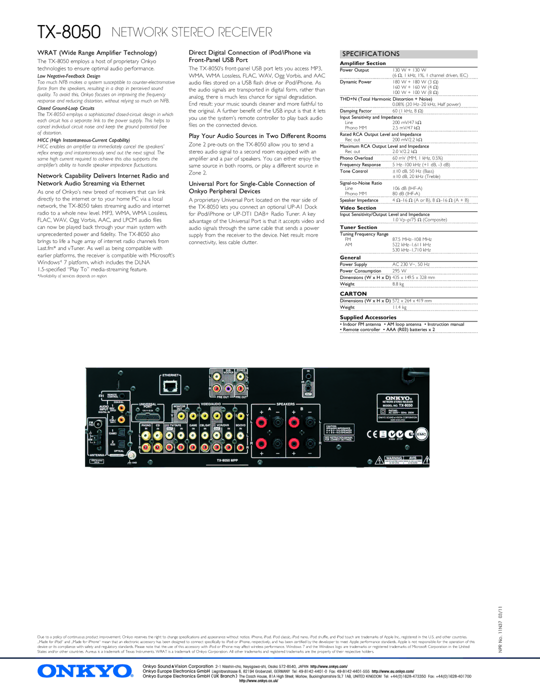 Onkyo TX-8050 manual Specifications, Wrat Wide Range Amplifier Technology, Play Your Audio Sources in Two Different Rooms 