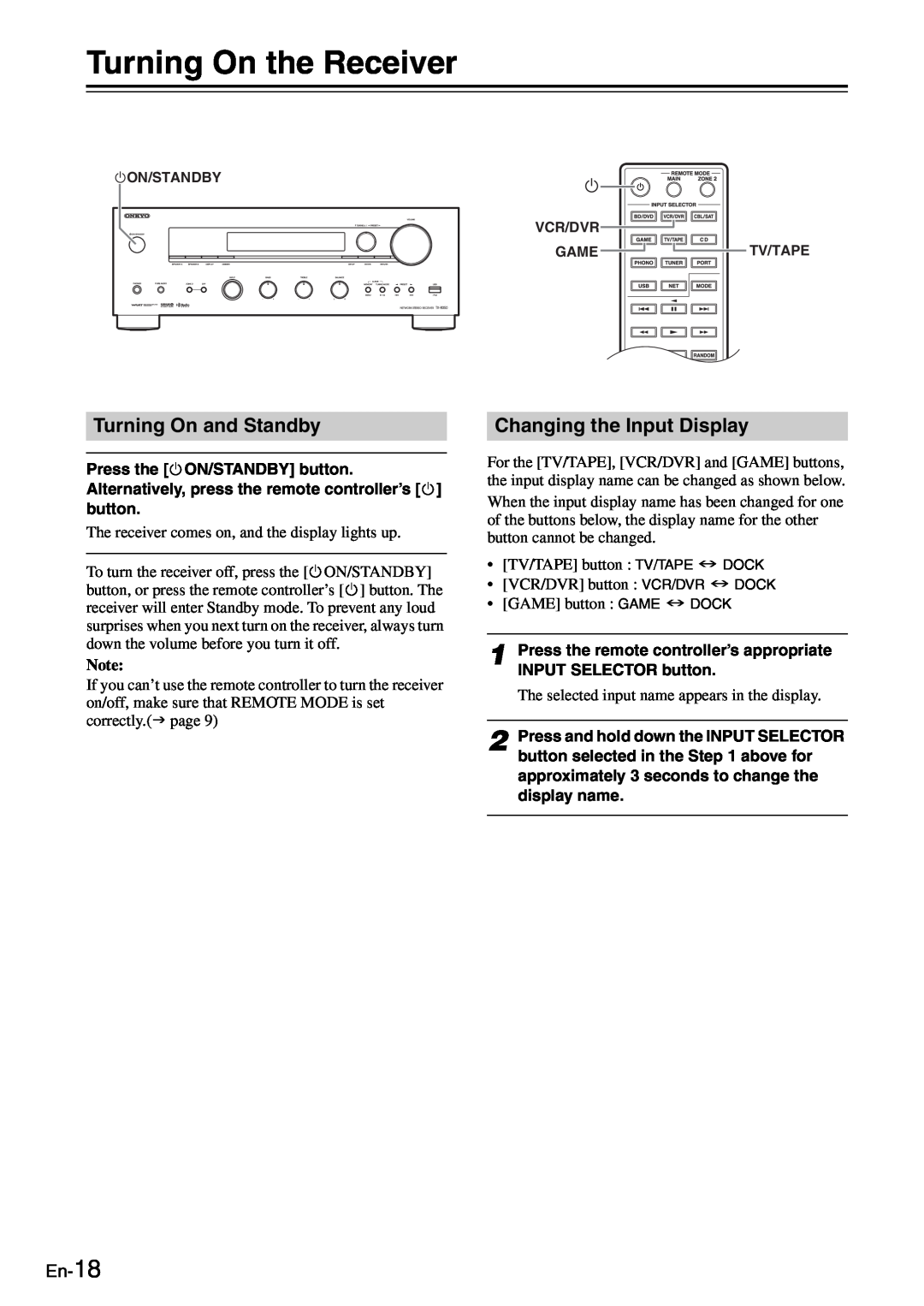 Onkyo TX-8050 instruction manual Turning On the Receiver, Turning On and Standby, Changing the Input Display, En-18 