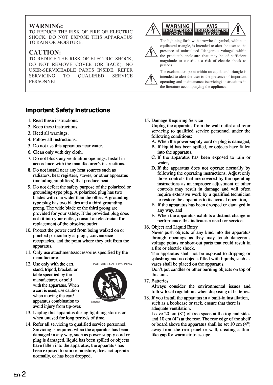 Onkyo TX-8050 instruction manual Important Safety Instructions, Avis, En-2 