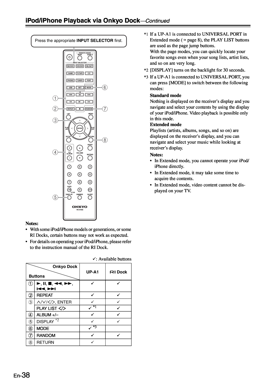 Onkyo TX-8050 instruction manual En-38, iPod/iPhone Playback via Onkyo Dock-Continued, Standard mode, Extended mode 