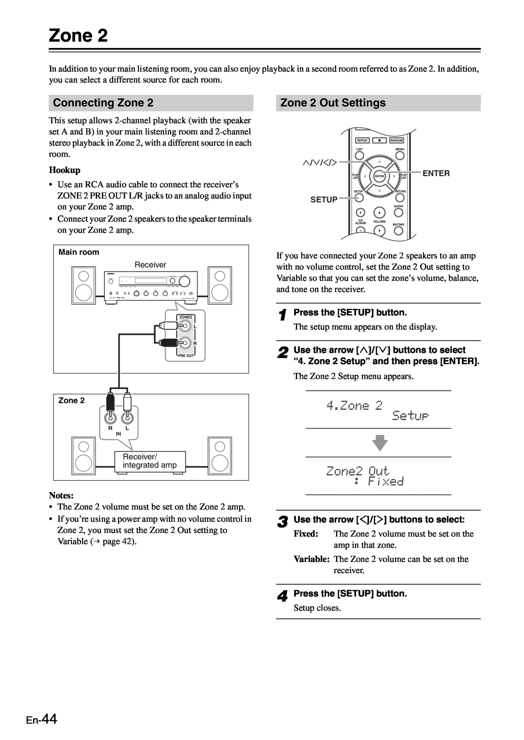 Onkyo TX-8050 instruction manual Connecting Zone, Zone 2 Out Settings, En-44, Hookup, Press the SETUP button 