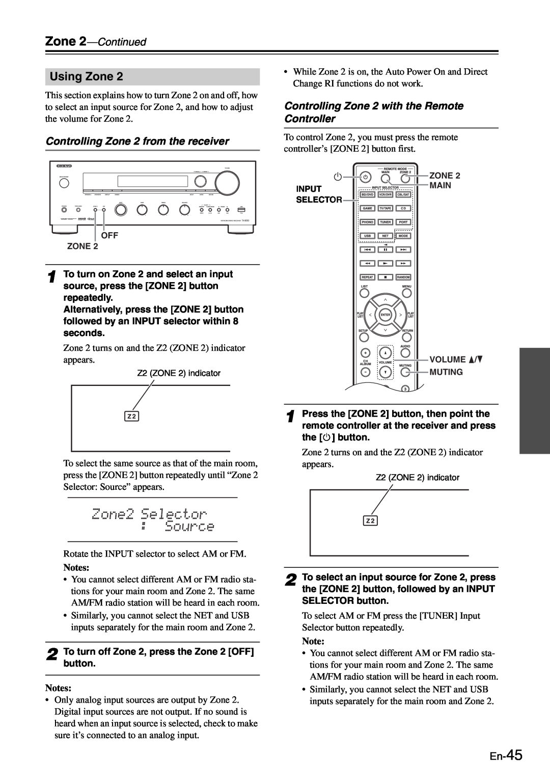 Onkyo TX-8050 instruction manual Using Zone, Zone 2-Continued, Controlling Zone 2 with the Remote Controller, En-45 