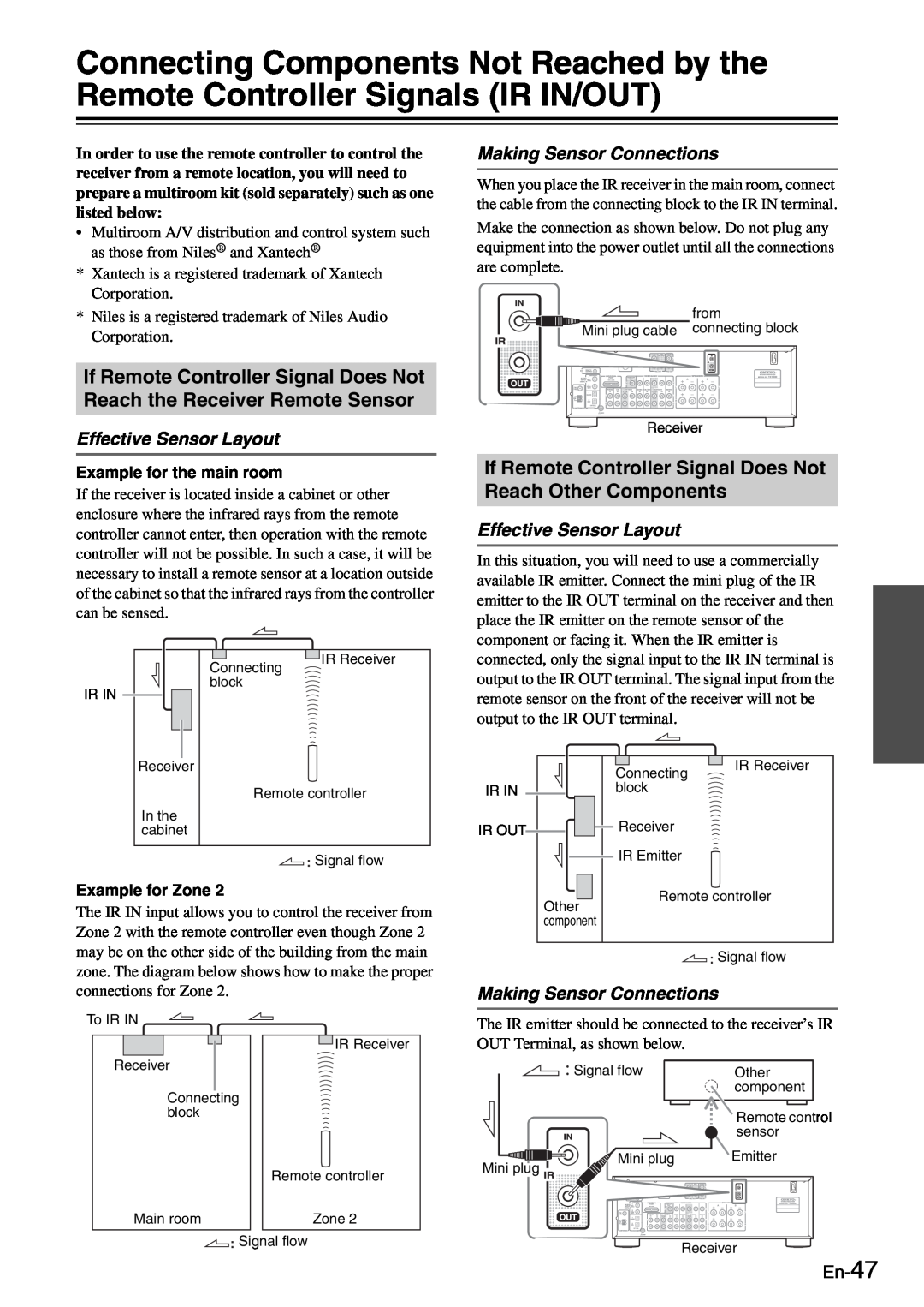 Onkyo TX-8050 Effective Sensor Layout, Making Sensor Connections, En-47, Example for the main room, Example for Zone 