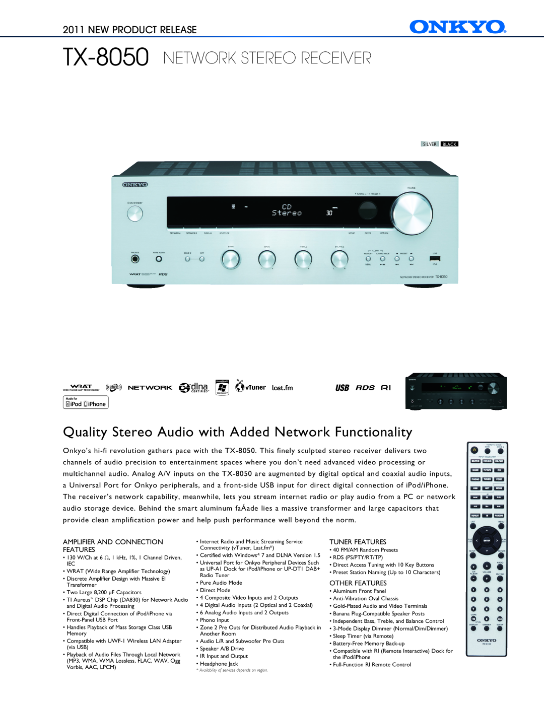 Onkyo manual TX-8050 NETWORK STEREO RECEIVER, New Product Release 