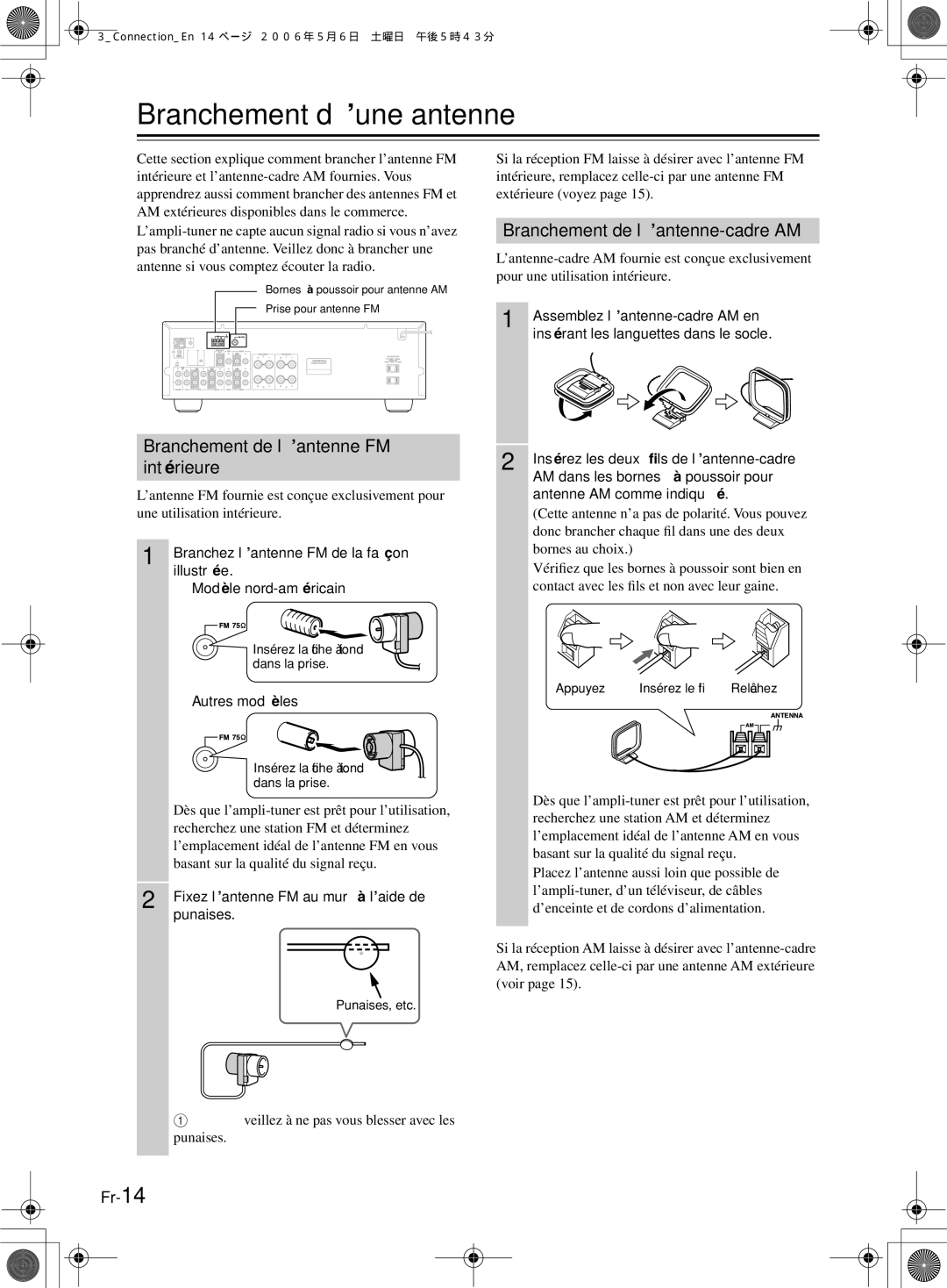 Onkyo TX-8222 manual Branchement d’une antenne, Branchement de l’antenne FM intérieure, Branchement de l’antenne-cadre AM 