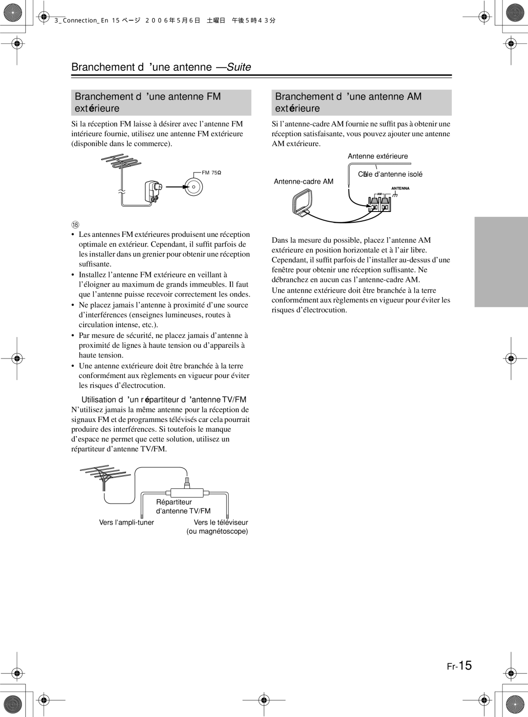 Onkyo TX-8522, TX-8222 manual Branchement d’une antenne-Suite, Utilisation d’un répartiteur d’antenne TV/FM 