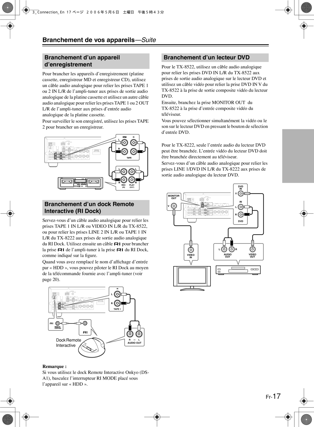 Onkyo TX-8522 Branchement de vos appareils-Suite, Branchement d’un appareil d’enregistrement, Branchement d’un lecteur DVD 