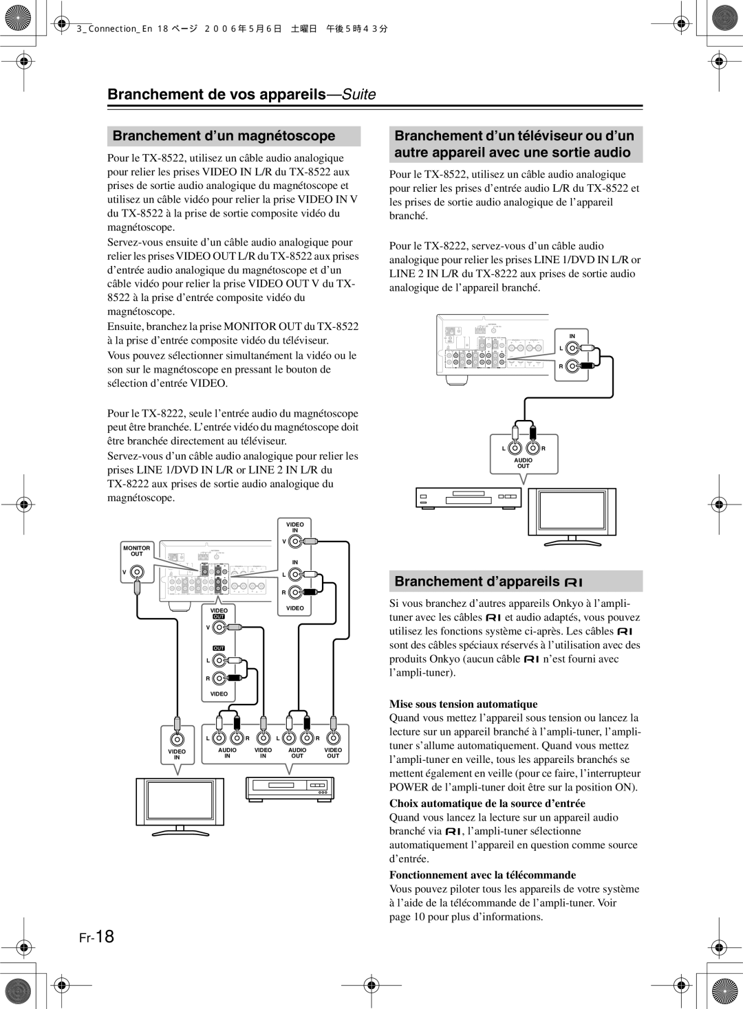 Onkyo TX-8222, TX-8522 manual Branchement d’un magnétoscope, Branchement d’appareils, Mise sous tension automatique 