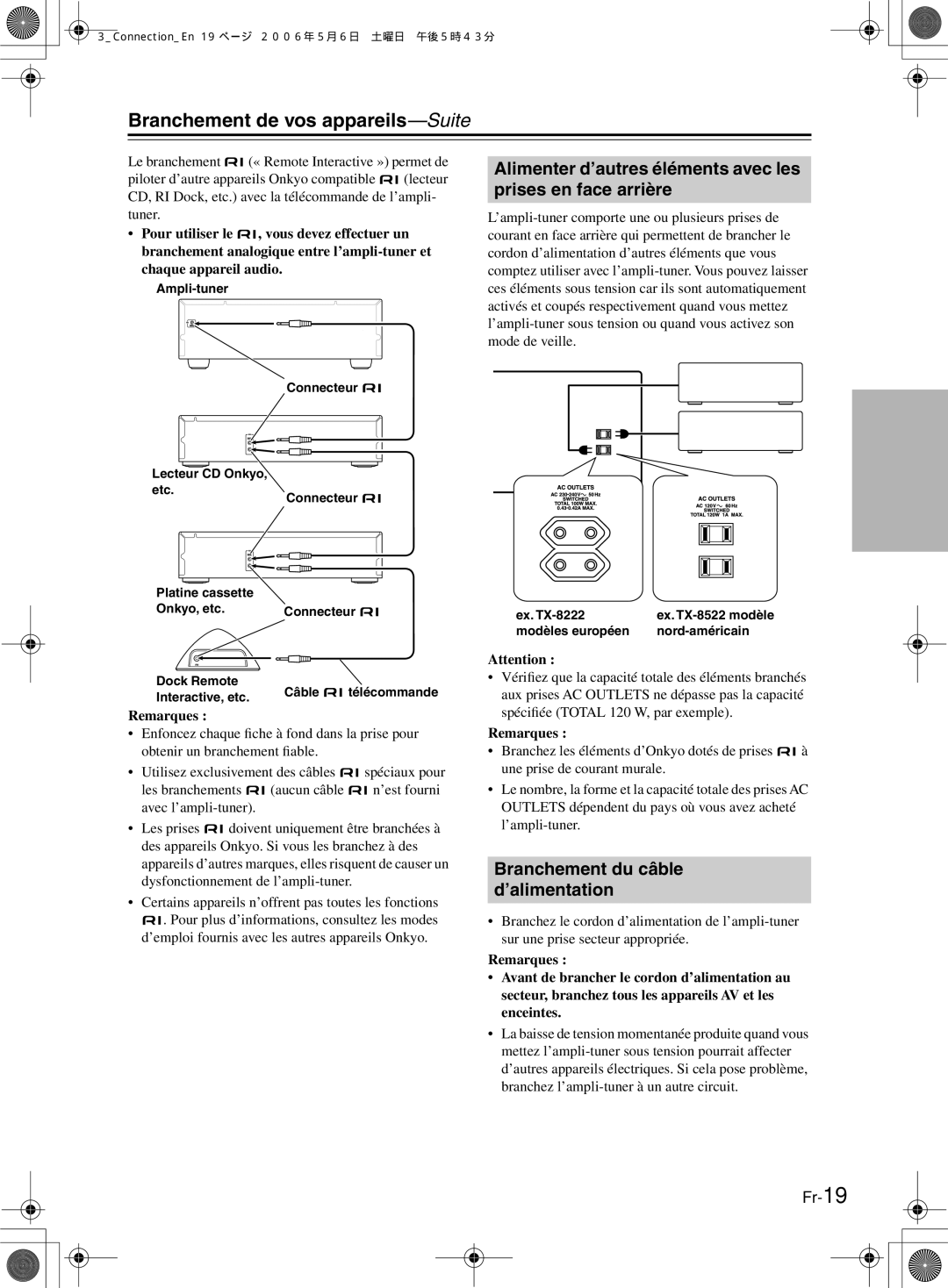 Onkyo TX-8522, TX-8222 Alimenter d’autres éléments avec les prises en face arrière, Branchement du câble d’alimentation 